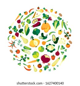 Fresh tasty vegetables circle. Delicious tomato and corn, carrot and pepper. Healthy food. Advert and logo concept. Isolated vector illustration in cartoon style