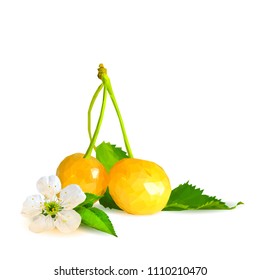 Fresh and tasty yellow cherries. Bloom of cherries. Symbols of berries. Elements for label design. Vector illustration. Berries ingredients in triangulation technique. Yellow cherries low poly.