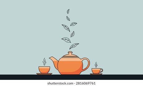 Fresh tea leaves float in the air above an orange ceramic teapot flanked by two steaming cups on a blue background.