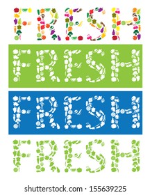 Fresh text using fruit and vegetables icons. Vector illustration