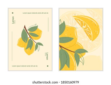 Fresh textured lemon fruits on branch with leaves vector hand drawn cards design with text. Lemonade, vitamin c, tasty and juicy fruits posters design.