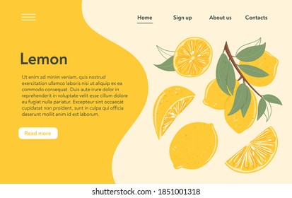 Fresh textured lemon fruits on branch with leaves vector hand drawn landing page design. Lemonade, vitamin c, tasty and juicy fruits website concept.