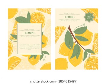 Fresh textured lemon fruits on branch with leaves vector hand drawn cards design with text. Lemonade, vitamin c, tasty and juicy fruits posters design.