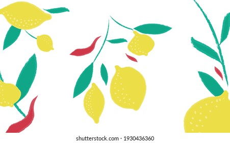 Fresh textured lemon illustration with contrast elements - leaves unique design 