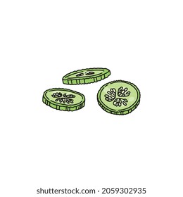 Fresh thin slices of cucumber, hand drawn engraving vector illustration isolated on white background. Cucumber vegetable food ingredient for salad and burger.