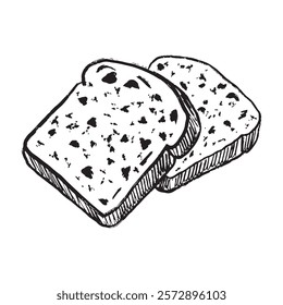 Fresh toast bread slices in black isolated on white background. Hand drawn vector illustration in doodle grunge vintage style. Brush stroke textured food drawing. Bakery, cafe logo