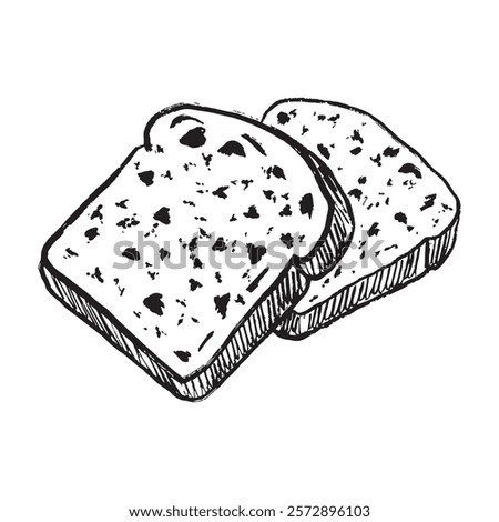 Fresh toast bread slices in black isolated on white background. Hand drawn vector illustration in doodle grunge vintage style. Brush stroke textured food drawing. Bakery, cafe logo