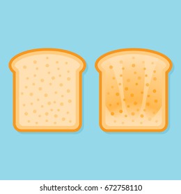 Fresh and toasted bread. Slice of toast isolated on blue background. Flat style vector illustration.