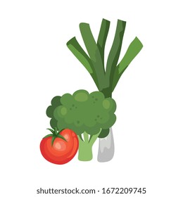fresh tomato with broccoli and leek vector illustration design