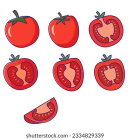 Fresh tomato cartoon.Red tomato collection. Vegetables slice and a whole tomato.Organic food. Farm products.Isolated on white background.Line art vector illustration.