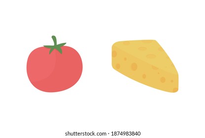 Fresh tomato and cheese flat color vector object set. Dairy product, vegetable. Grocery food. Margarita pizza ingredients isolated cartoon illustration for web graphic design and animation collection