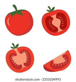 Fresh tomato.Red tomato collection. Vegetables slice and a whole tomato.Organic food. Farm products.Isolated on white background.Vector flat illustration.