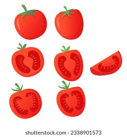 Fresh tomato.Red tomato collection. Vegetables slice and a whole tomato.Organic food. Farm products.Isolated on white background.Vector flat illustration.