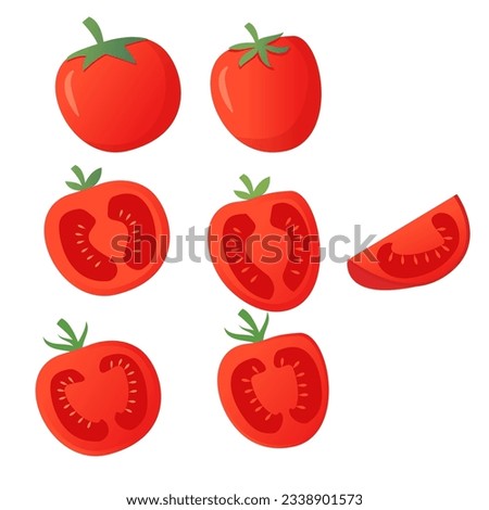 Fresh tomato.Red tomato collection. Vegetables slice and a whole tomato.Organic food. Farm products.Isolated on white background.Vector flat illustration.
