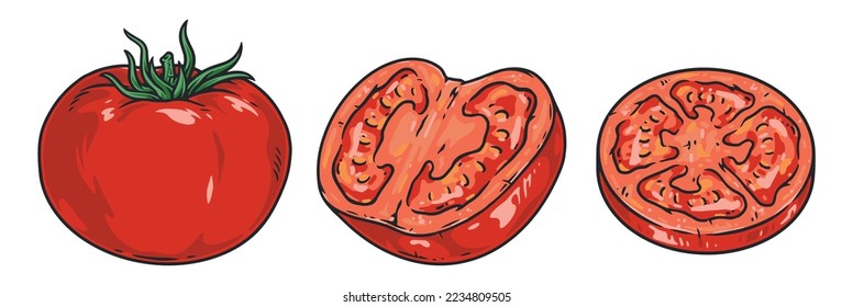 Fresh tomato colorful labels set red whole vegetable or half and tomato slice to decorate juice package vector illustration