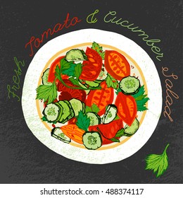 Fresh tomato and cucumber salad on a white ceramic plate. Beautiful hand drawn illustration. Artistic drawing in red, green, orange and gray colors on a dark textured background.