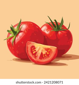 Frische Tomate mit grünen Blättern einzeln auf buntem Hintergrund, handgezeichnet, Vektorgrafik im Stil 