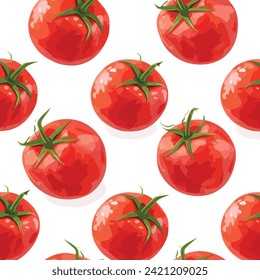 fresh tomato with green leaves isolated on white background hand drawn illustration, seamless pattern 