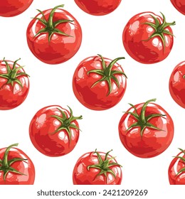 fresh tomato with green leaves isolated on white background hand drawn illustration, seamless pattern 