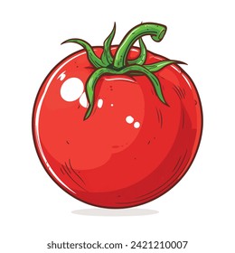 fresh tomato with green leaves isolated on white background hand drawn illustration vector flat style.