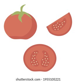Fresh tomato halved set. Vegetables icons closeup. Collection cut tomato