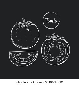 fresh tomato with hand drawing or sketch style on blackboard background