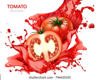 Fresh tomato with juice, 3d illustration isolated on white background