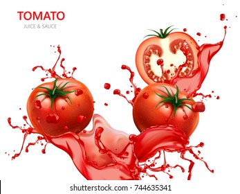 Tomate fresco com suco, ilustração 3d isolada no fundo branco