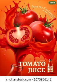 Zumo de tomate fresco y tomate realistas en frascos de vidrio con tomates enteros y en rodajas, ilustración 3D