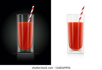 Fresh tomato juice glass with pipe. Natural organic drink. Isolated white background. EPS10 vector illustration.