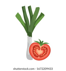 frische Tomate mit Porree-Gemüse Vektorillustration - Design