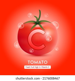 Fresh tomato with letter c and bubbles. Fruit rich of high vitamins minerals for health supplement. 3D Realistic on red background. For nutrition products food. Medical healthy concepts. Vector.
