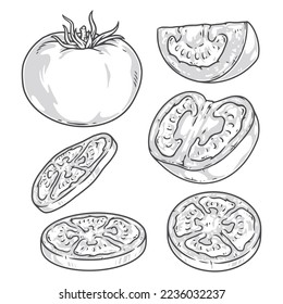 Fresh tomato logotypes monochrome set appetizing whole tomato with leaves and pieces of vegetable in different positions vector illustration