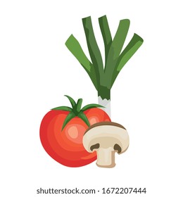 fresh tomato with mushroom and leek vector illustration design