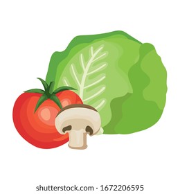 tomate fresco con diseño de ilustración vectorial de champiñones y lechugas