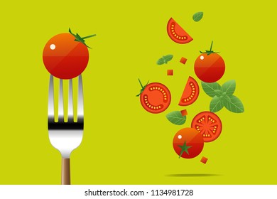 Fresh tomato on fork with flying tomatoes background , healthy food concept , vector , illustration
