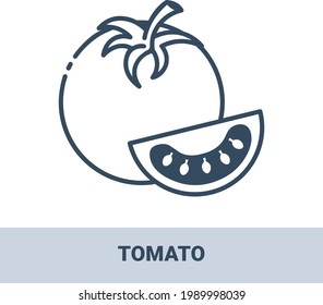Fresh tomato outline monochrome icon with title. Vector monochrome illustrations isolated on white background. Healthy food concept.
