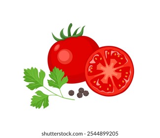 Tomate fresco, salsa e pimenta isolados sobre fundo branco. Ilustração plana em desenho animado de vetor. Ícone de legumes.