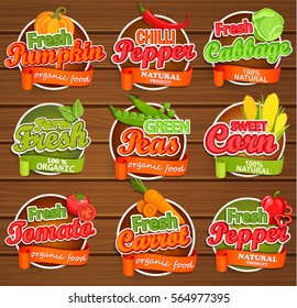 Fresh tomato, pumpkin, pepper, peas, cabbage, carrot, sweet corn, logo lettering typography food label or sticker. Concept for farmers market, organic food, natural product design.Vector illustration.