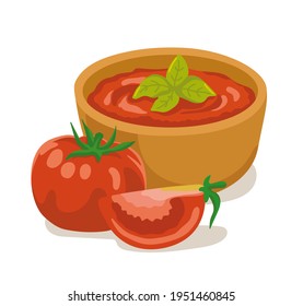 Fresh tomato sauce and basil in wooden bowl  Fresh vegetable  sliced   whole  Classic homemade italian dressing  dip  Vector hand  drawn illustration; isolated white background 