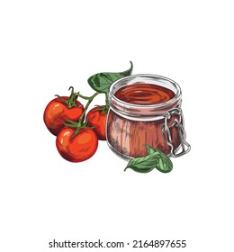 Fresh tomato sauce or ketchup in glass mason jar, sketch vector illustration isolated on white background. Homemade tomato or barbecue dip with engraving texture.