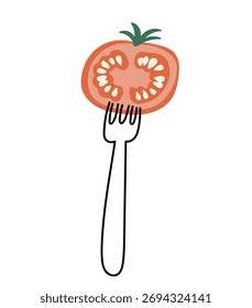 Rebanada de tomate fresco en un tenedor aislado sobre fondo blanco. Ilustración de comida de Vector
