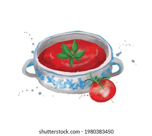 Fresh tomato soup. Watercolor food illustration, isolated on white.