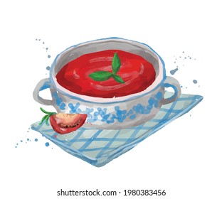 Fresh tomato soup. Watercolor food illustration, isolated on white.