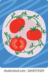 Fresh tomato still life on ceramic dish, healthy Mediterranean food vector