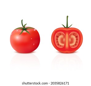Fresh tomato. Whole and half cut tomatoes isolated on white background. Vegetable, Vegetarian, vegan Healthy organic food. Realistic 3D Vector illustration. 