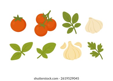 Tomates frescos, manjericão, alho e salsa ingredientes cartoon em estilo plano para cozinhar e receitas de massas.