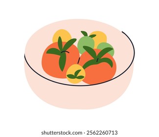 Fresh tomatoes in bowl. Ripe healthy natural farm vegetables with leaf pedicels, raw ingredient for salad. Organic harvest, vitamin veggie. Flat vector illustration isolated on white background