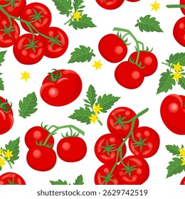 Ramo de tomates frescos, folhas e flores sem costura padrão. Fundo de jardim vegetal. Ilustração plana em desenho animado de vetor