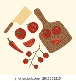 Fresh tomatoes and chili pepper on wooden cutting board vector illustration. Hand drawn kitchen cleaver knife and vegetables set